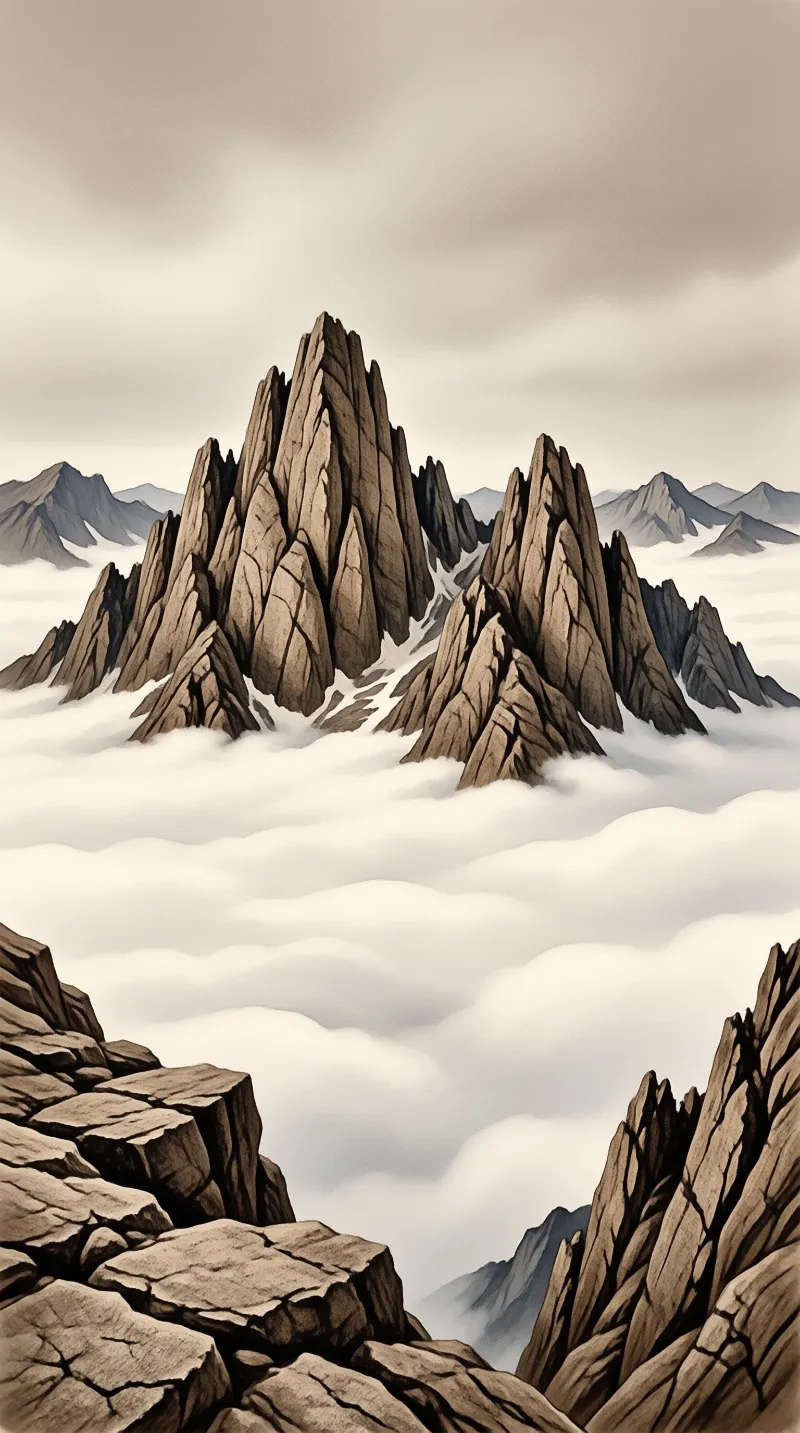 Sharp brown mountain peaks emerge from a dense layer of white clouds beneath an overcast grey sky.