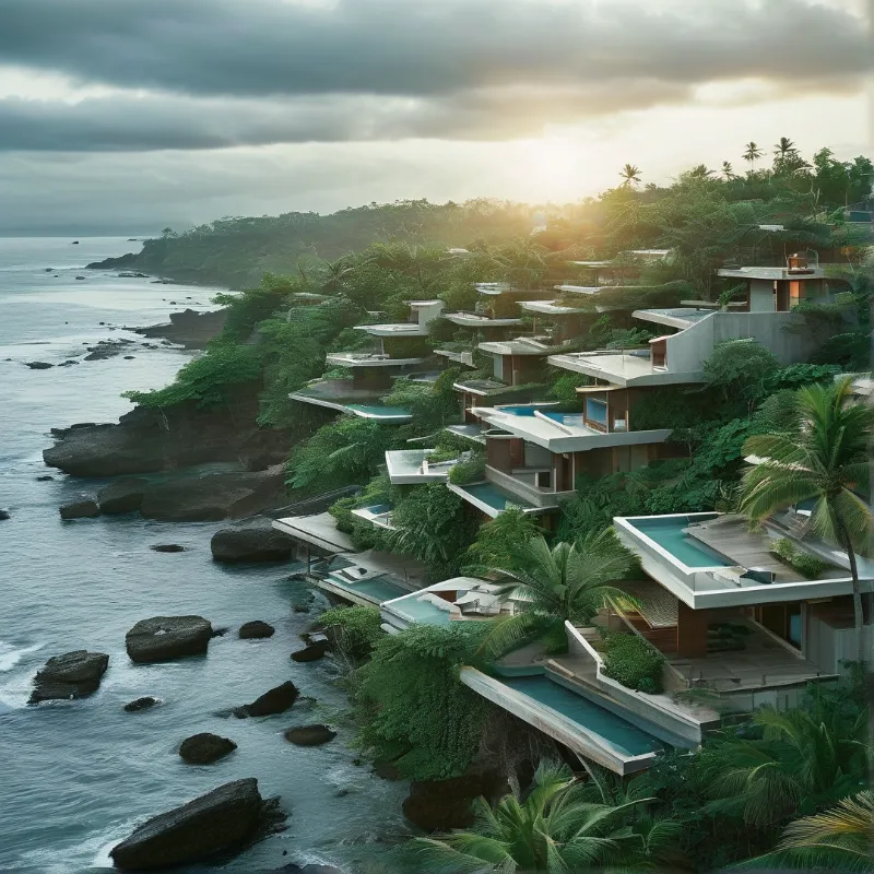 Architectural buildings with infinity pools are nestled into lush green hills overlooking the ocean with dramatic clouds above.