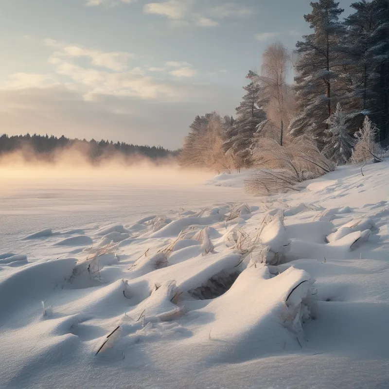 A frozen river with rising mist near a forest and snow-covered banks under soft morning light.