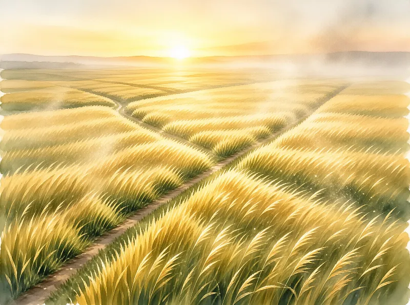 A dirt trail winds through tall ripe wheat fields rolling to a hazy low sun over distant misty hills at dawn.