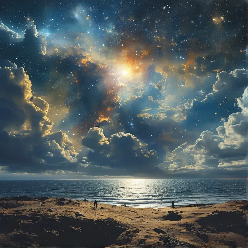 A star-filled nebula blazes over a calm sea at night while two tiny figures wander a moonlit beach.