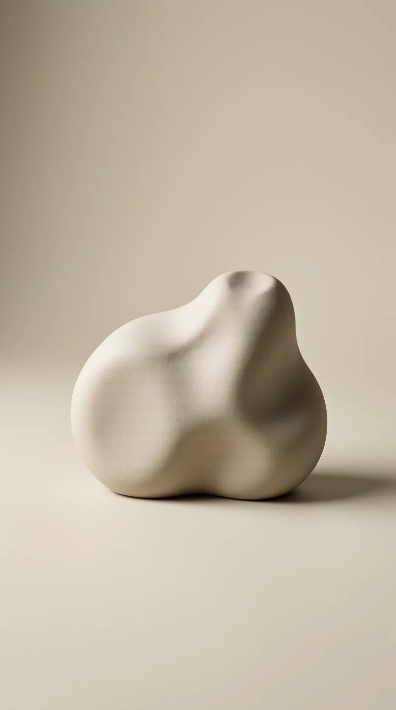 A smooth beige organic form rests on a seamless surface with soft directional lighting casting gentle shadows to the right.