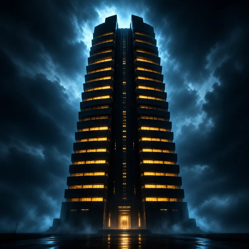 A symmetrical high-rise building emits warm light from its windows while standing under heavy blue storm clouds.