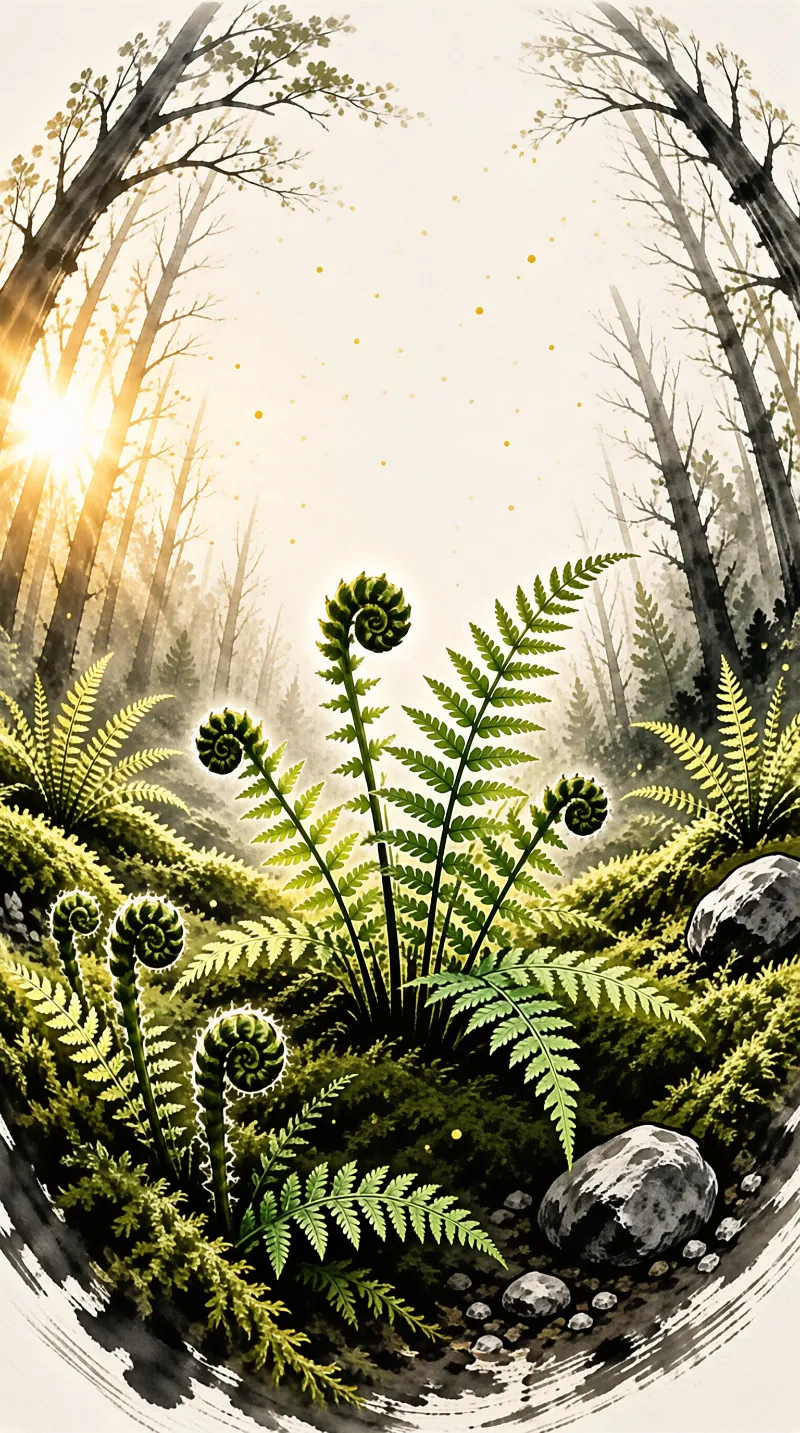 Green ferns with coiled fiddleheads grow on a mossy forest floor as golden sunlight streams through trees behind.
