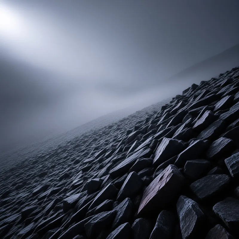 A slope of dark jagged stones rises into the mist, illuminated by a bright light source in the upper left corner.