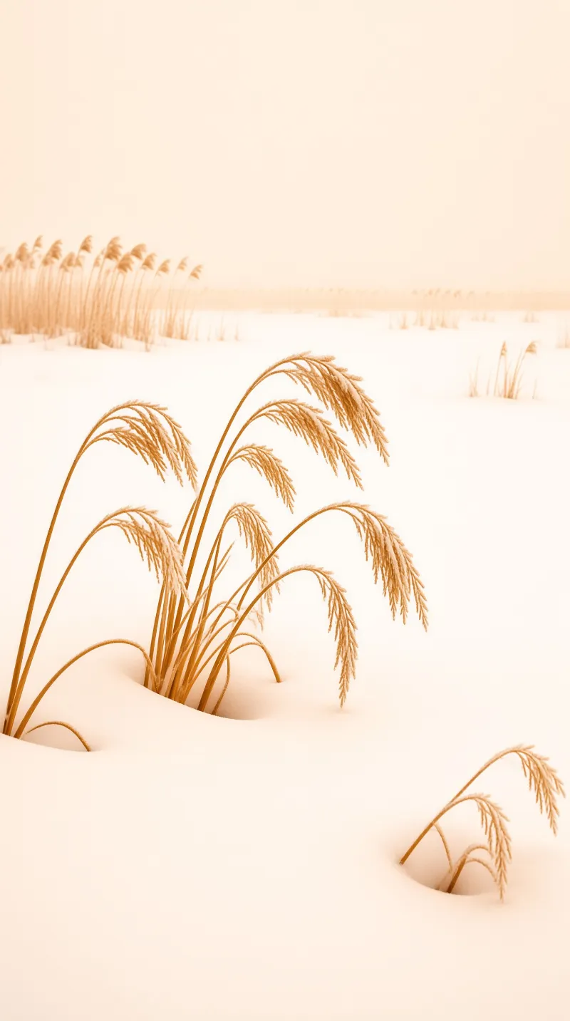 Golden brown vegetation emerges from a vast expanse of pale winter ground bathed in soft uniform illumination.