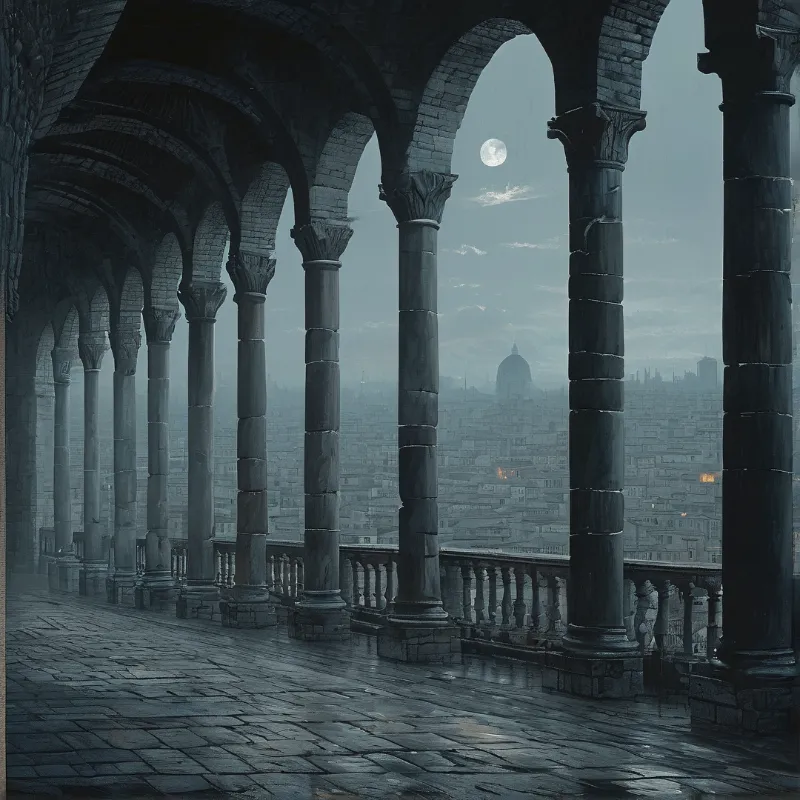 A long stone arcade overlooks a sprawling cityscape shrouded in mist with a bright moon hanging above the horizon.