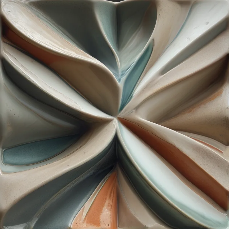 A hand thrown earthenware plate with curved segments folding inward to a central point in muted earth tones of beige grey blue and terracotta.