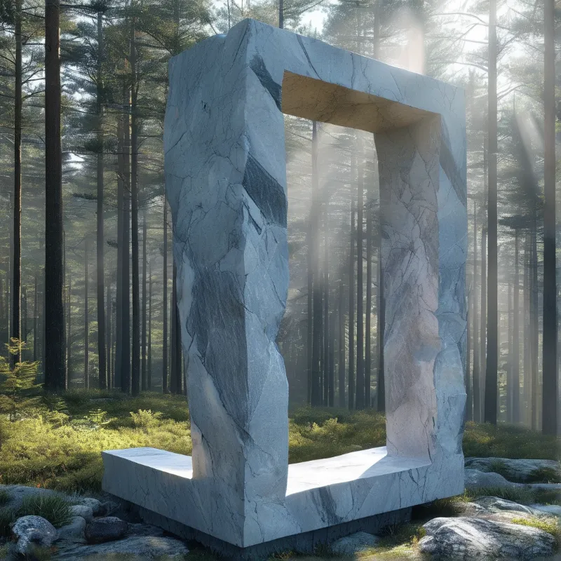 A large hollow stone monument stands in a dense forest while sunbeams cut through the misty air and trees.