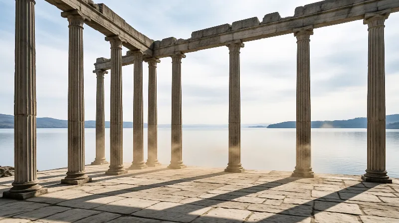 Weathered stone columns line a paved terrace overlooking a misty lake under a bright sky.