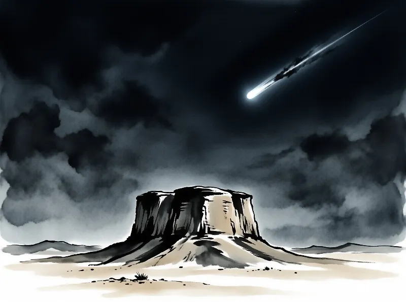 A rocky butte rises from the desert floor beneath a cloudy night sky illuminated by a streaking meteor.