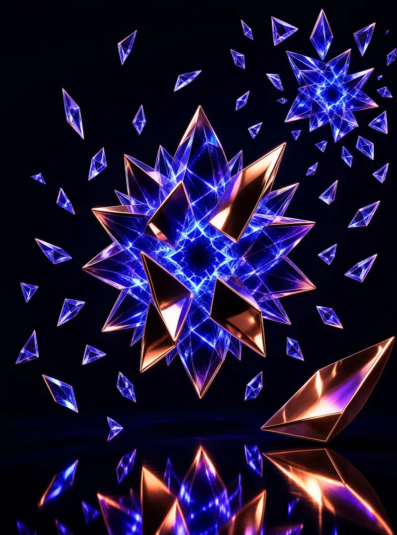 A glowing blue geometric structure surrounded by floating shards and metallic pieces on a dark reflective floor.