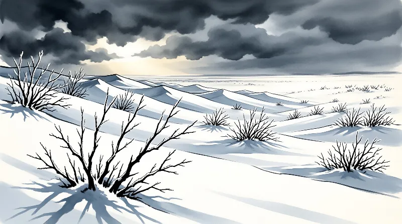 White snow dunes rise across the landscape dotted with black bare shrubs under a sky filled with dark grey storm clouds.