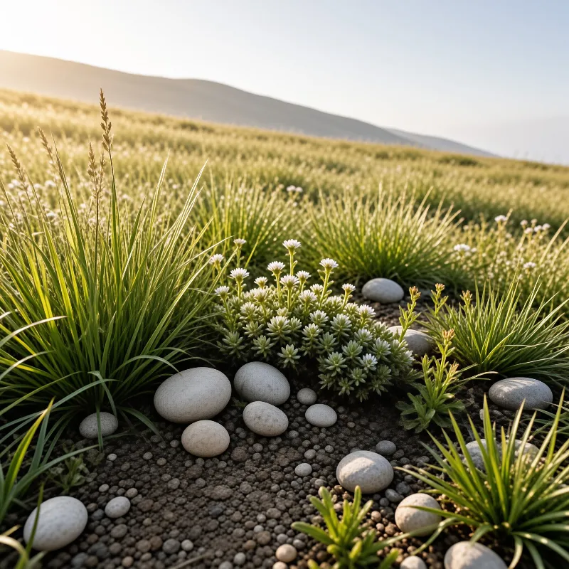 Smooth pale pebbles dot dark gravel between spiky green tufts and tiny white flowers on a sunlit hillside pasture