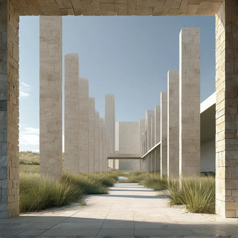 Weathered sandstone columns line a paved path where tall grasses sway beneath a massive stone lintel.