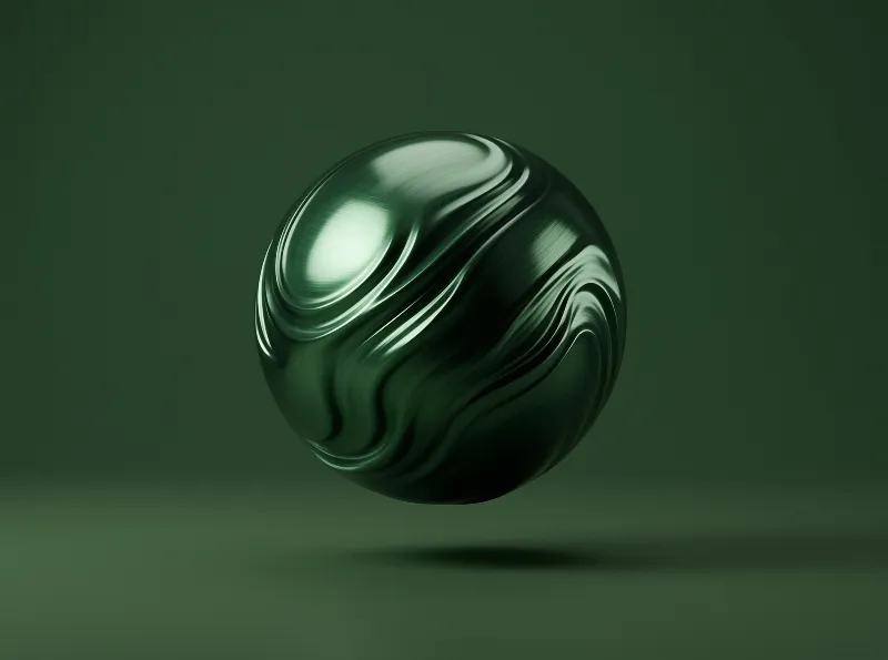 A reflective green sphere with swirling marbled textures hovers above a dark surface under soft directional lighting.