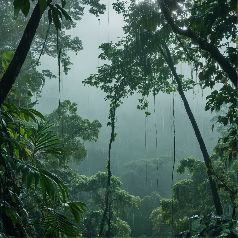 Green vines hang vertically through a misty jungle landscape as sunlight filters through the distant tree canopy.
