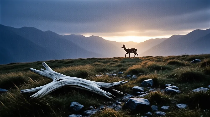 A lone deer crosses a windswept hillcrest while rain falls on layered blue mountains under a breaking sun.