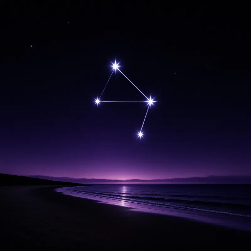 A bright star pattern floats over a dark shoreline while a purple glow fades on the distant ocean horizon.