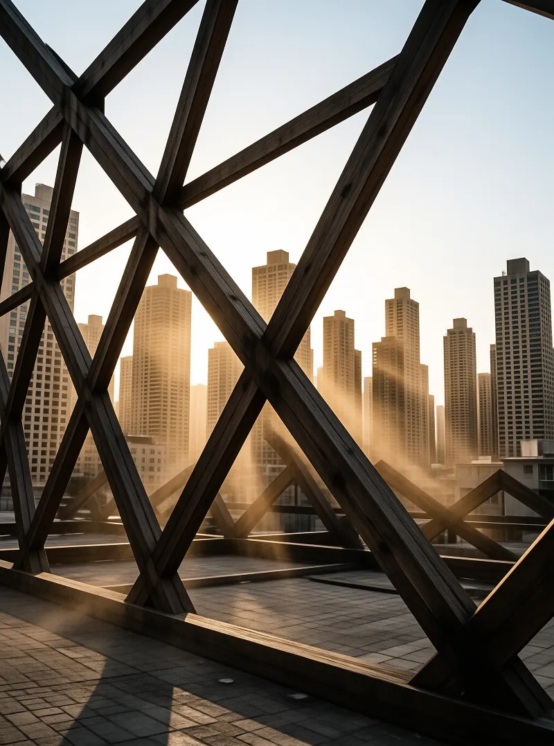 Dark geometric beams create a foreground border revealing a distant urban horizon bathed in warm morning mist.