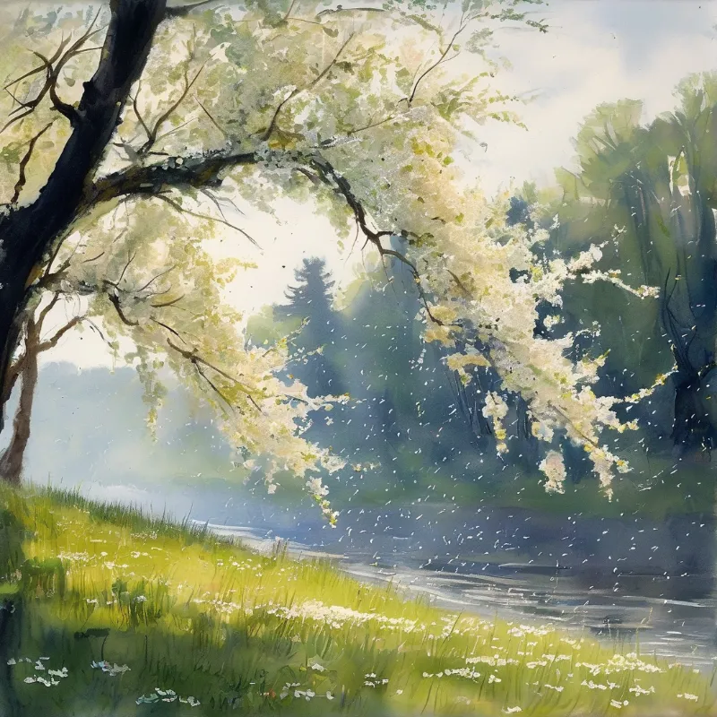 A pale flowering tree leans over a sunlit grassy slope beside a winding small stream with petals drifting down to the water.