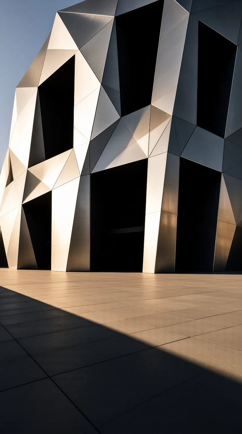 Sunlit metal panels fold into sharp triangles around tall shadowed recesses above an empty plaza.