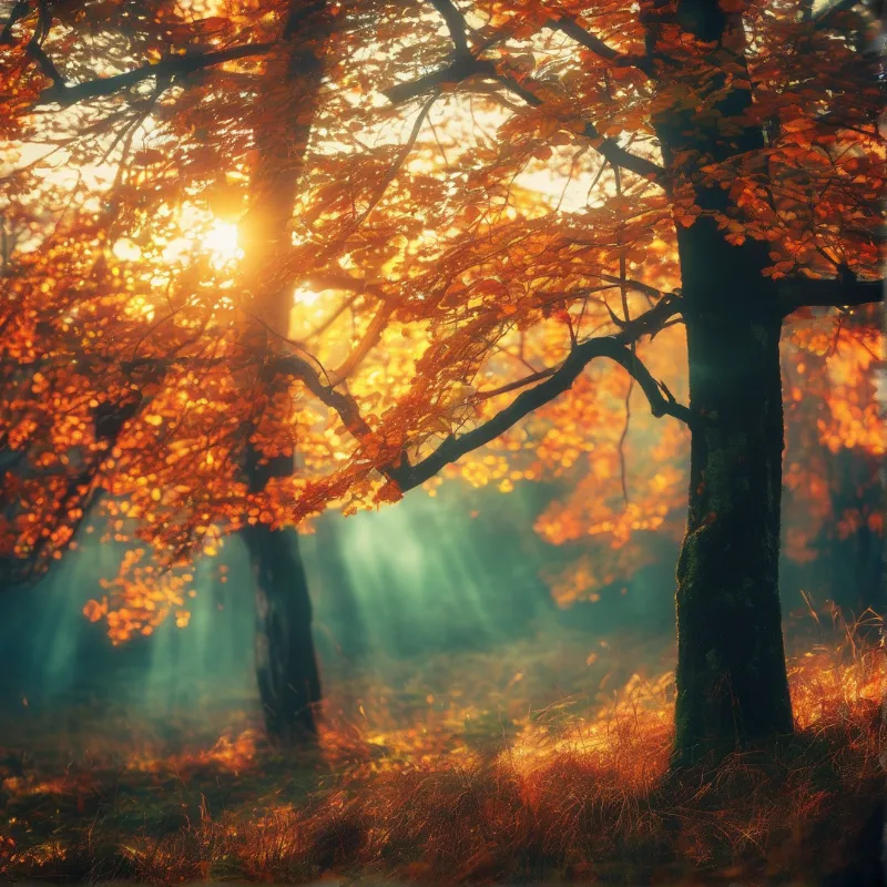 Orange autumn leaves cover tree branches in a woodland setting where sunlight filters through the air.