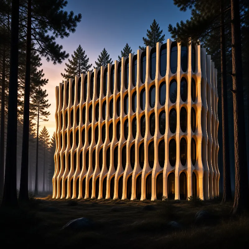 A wavy white building with warm interior lights stands among tall pine trees under a twilight sky.