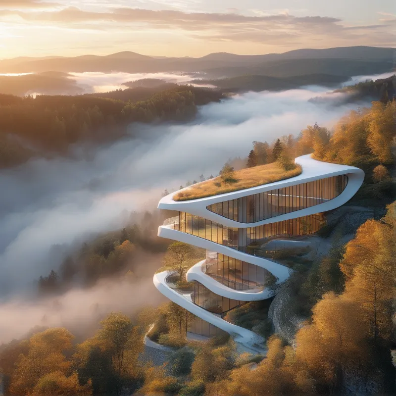 Layered white balconies with planted roofs wrap a glass atrium above clouds drifting through an autumn valley