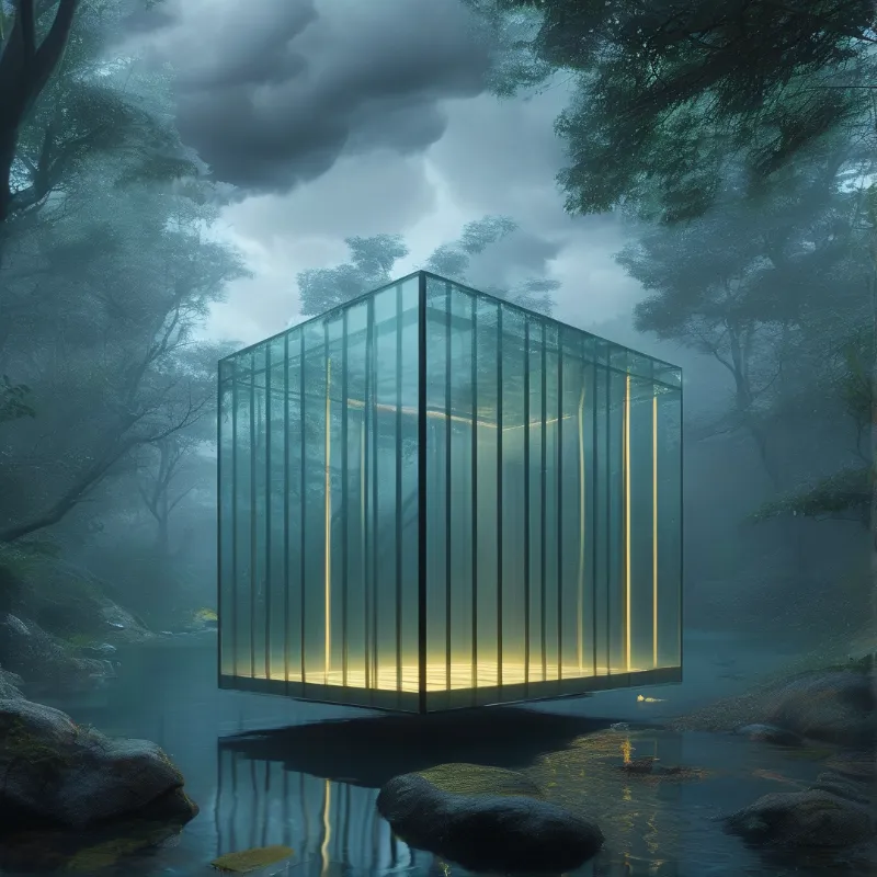 A transparent glass cube glows warmly while floating above a dark misty forest lake surrounded by dense trees and rocks.