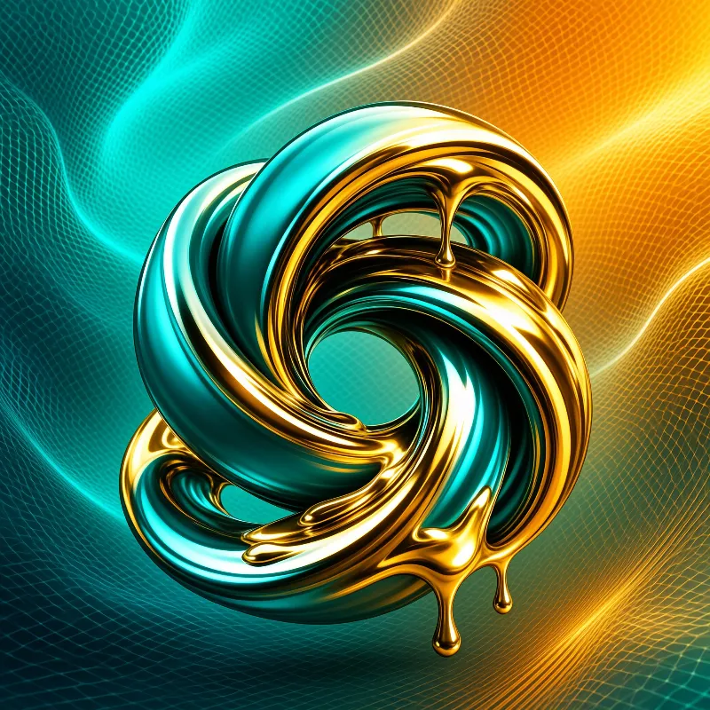 A glossy interwoven ring sculpture in cyan and yellow metal drips softly over a rippling wireframe grid.
