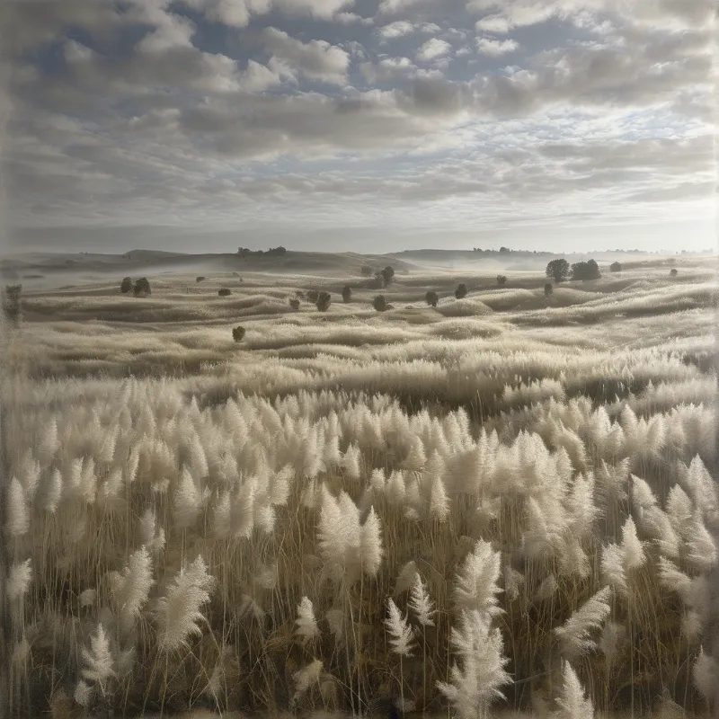 A vast meadow of fluffy grasses covers undulating terrain scattered with dark trees beneath a cloudy sky.