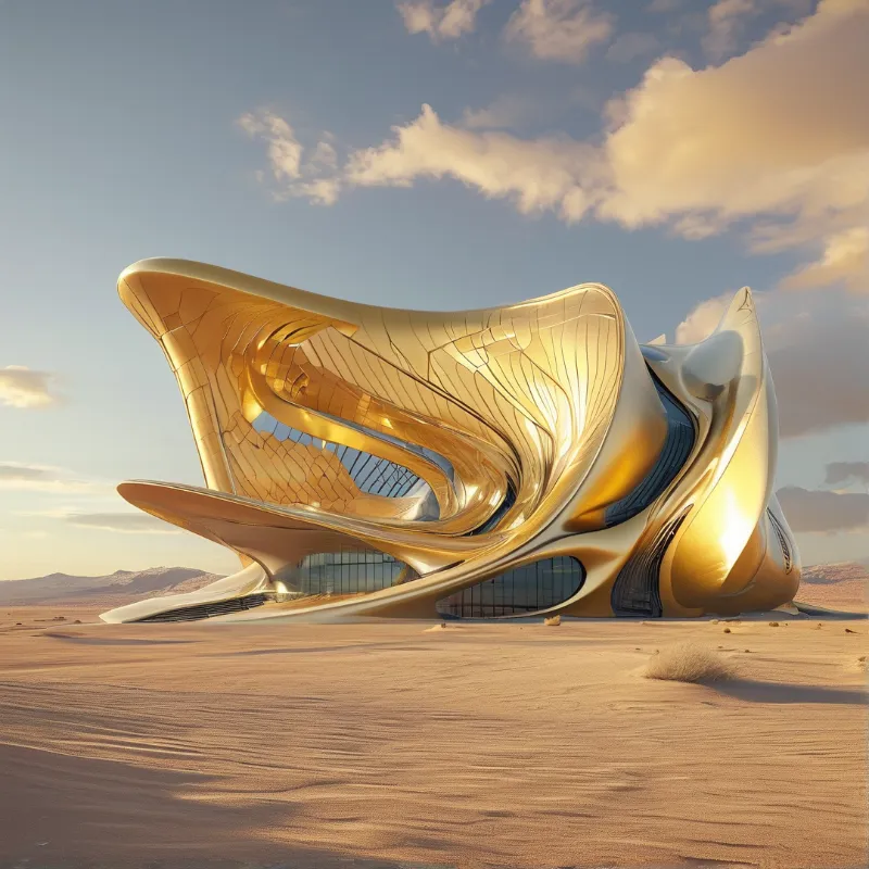 A sculptural metallic building with flowing golden surfaces stands alone on rippled dunes under clouds