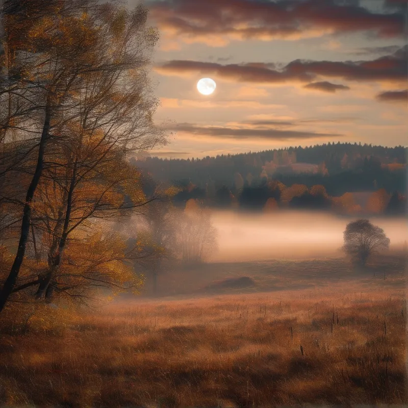 A bare birch leans over a field of rust grass while pale fog pools beneath a distant forest ridge and a soft full moon.