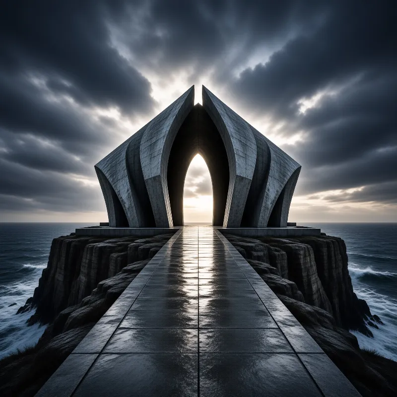 A wet stone pathway leads to a massive concrete archway silhouetted against a bright cloudy sky.