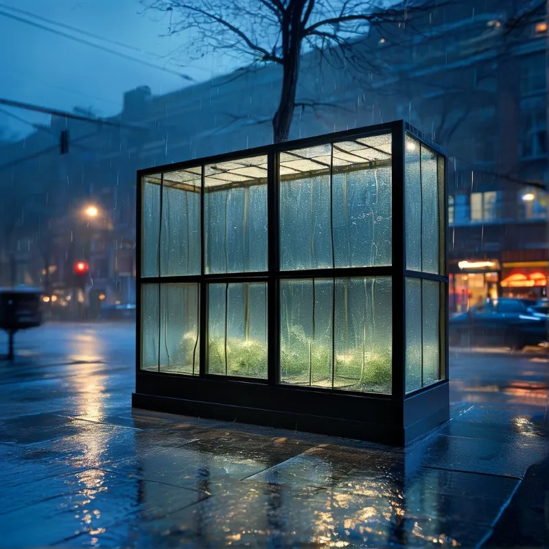 A large transparent greenhouse glows softly on a wet reflective sidewalk during a rainy evening in a town.