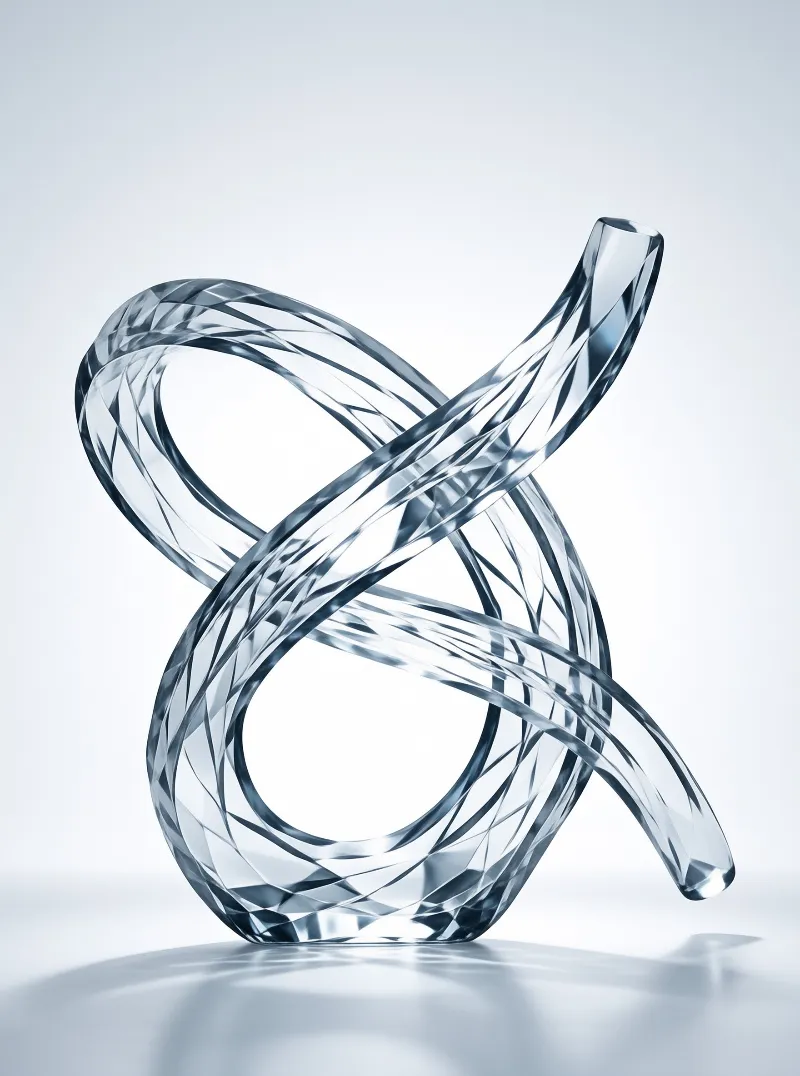 A clear woven glass art piece stands on a reflective floor under bright studio lighting.