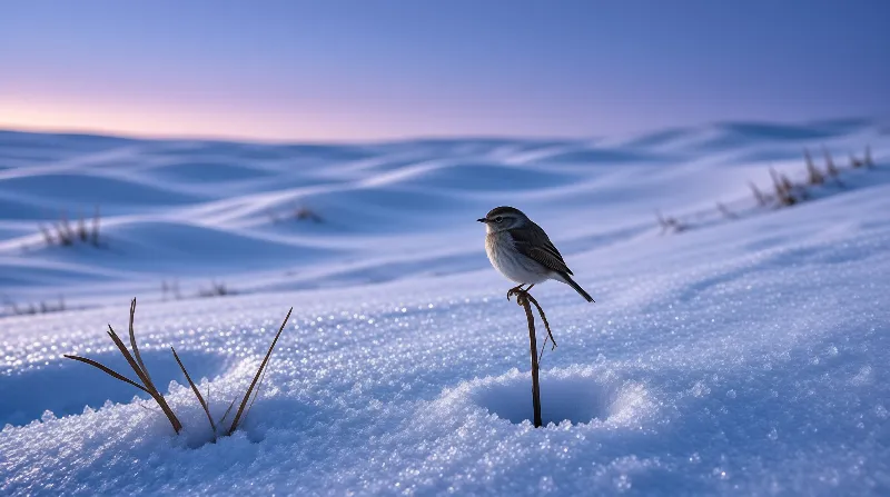 Small bird perched on a dry twig above rolling snow drifts under a gradient twilight sky.