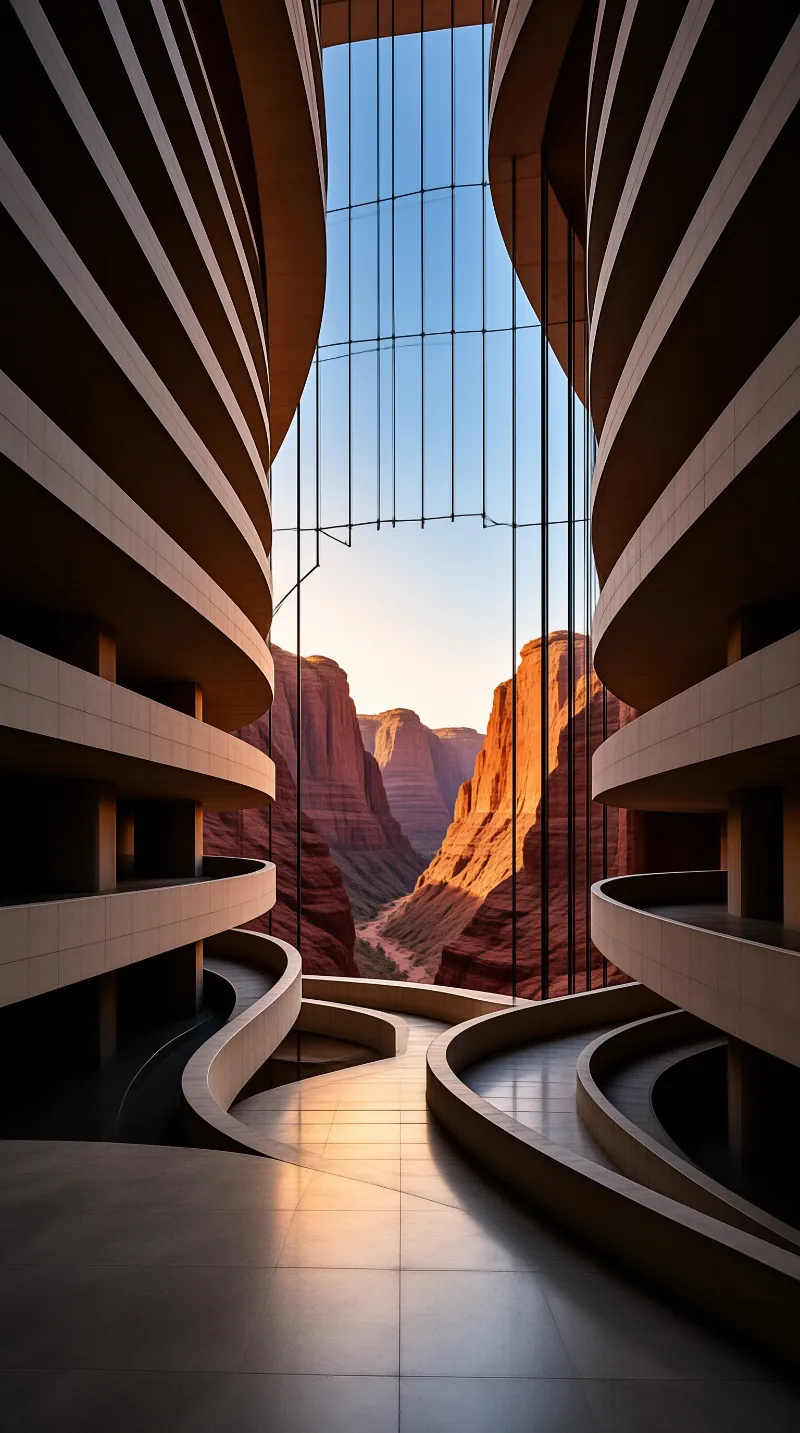 Symmetrical curved balconies frame a glass wall overlooking sunlit red rock canyon at dusk