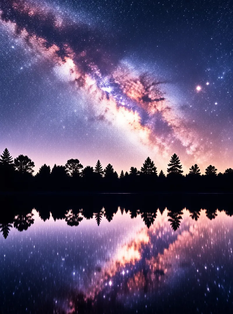 A vibrant band of the Milky Way stretches across a deep blue night sky above a silhouetted forest and its reflection.