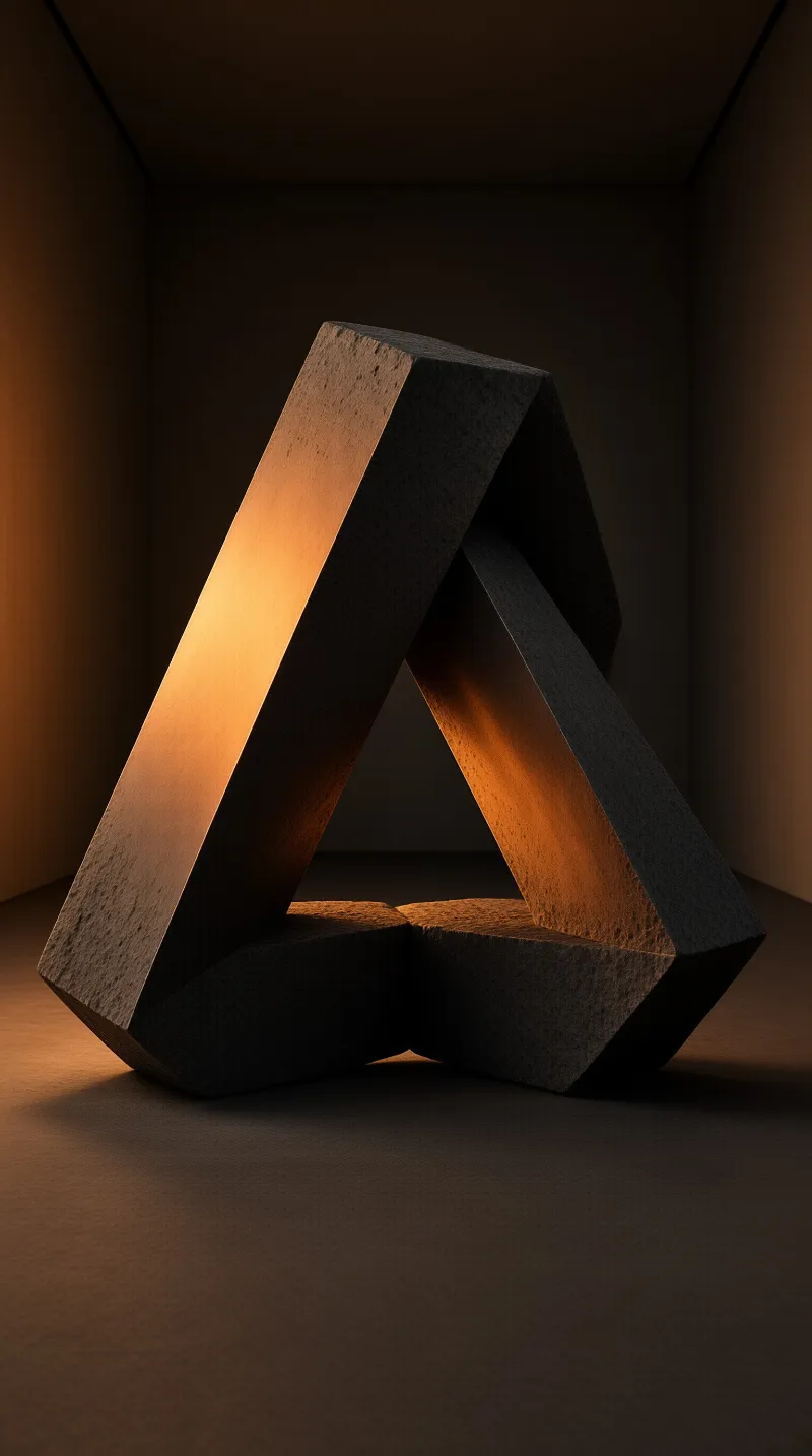 A rough stone impossible triangle stands in a shadowy corner with golden light illuminating its left face.