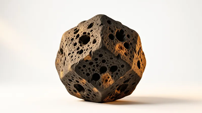 A dark porous volcanic stone rests on a plain white surface illuminated by soft directional light.