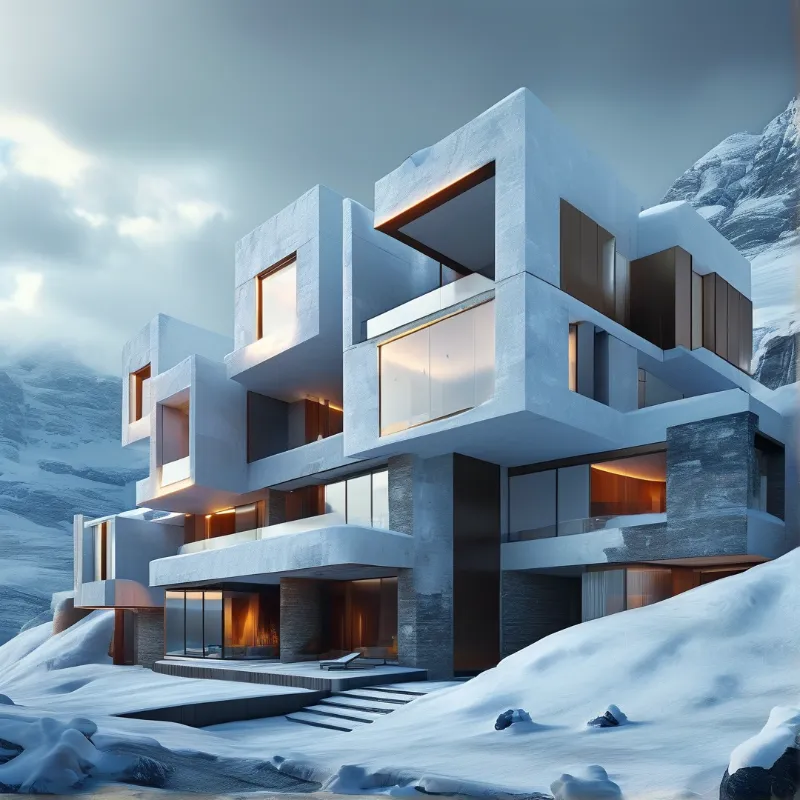 A geometric white building stands amidst snow covered mountains with glowing warm windows inside.