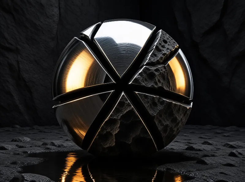 A segmented sphere with shiny metal and porous rock textures sits on wet stones reflecting golden light.