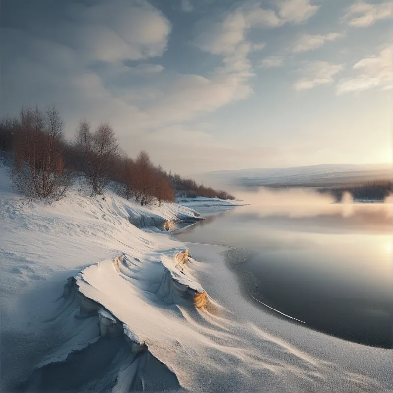A frozen river curves past snow-covered hills with bare trees while steam rises from the water under a bright sky.
