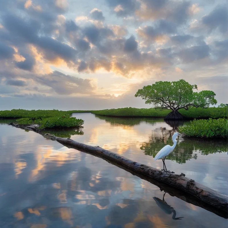 A white egret rests on a fallen log while a mangrove tree grows beside a calm waterway under a bright clouded sky.