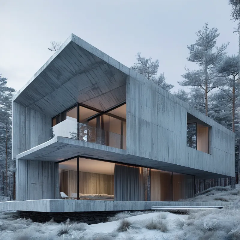 Angular concrete home with large windows glowing warmly against snow-covered pines under overcast skies.