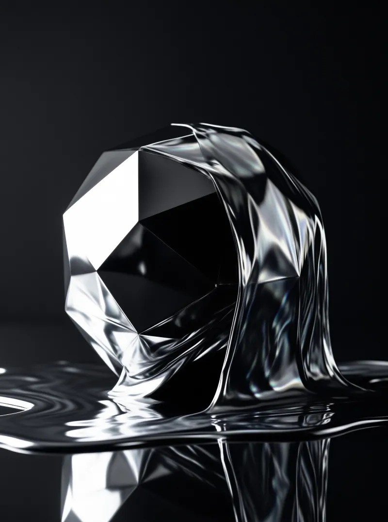 A faceted metallic polyhedron partially submersed in rippling liquid mercury with strong specular highlights against a dark void