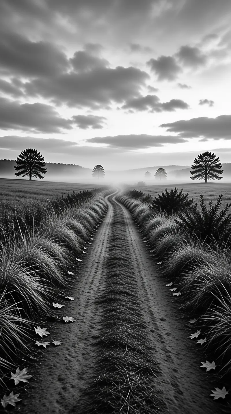 A black and white photograph shows a winding dirt road curving through a vast grassy field towards a foggy horizon dotted with scattered trees.