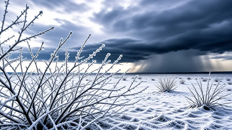 Frozen twigs frame a snowy field beneath a dark sky where sunlight breaks through heavy clouds.